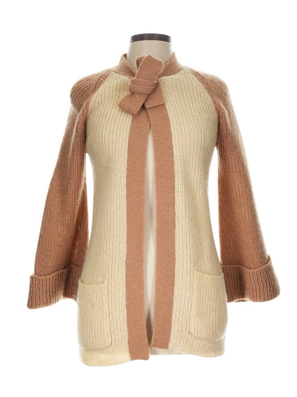 Vtg 80s Koret Wool Cardigan Cream Knit Bow Front Cottagecore Grandma Soft Sz L